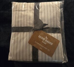 Eddie Bauer Cotton Percale Sheet Set - White and Gray Stripes